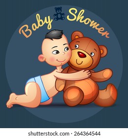 Asian baby boy with hugs Teddy Bear toy on a grey background. Baby Shower invitation card