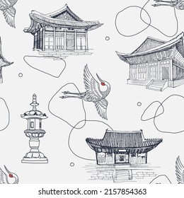 Asian background with bird crane. Seamless pattern with korean palaces, tradition houses hanok. 