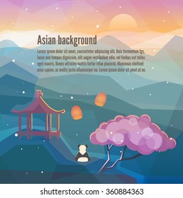 Asian background. China Eastern landscape. Mountains, nature with traditional Chinese elements. Low polygon style flat illustrations. For web and mobile phone, print.