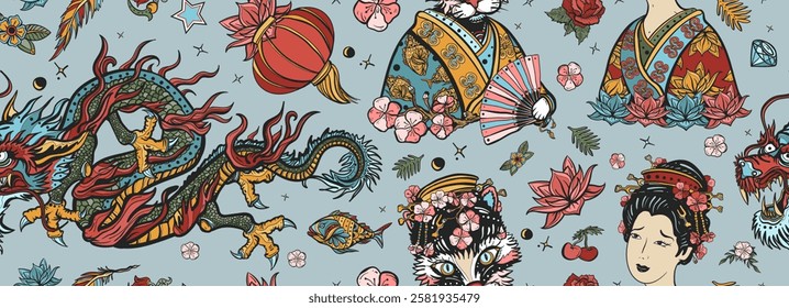 Asian background. Chinese dragon, emperor, geisha cat, queen in traditional costume, fan, red lantern, lotus flower. China seamless pattern. Old school tattoo style. Ancient history and culture