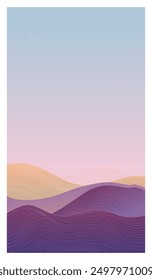 Asian background. Japanese pattern, purple mountains with golden lines, oriental traditional poster, social media stories, banner template. Minimal wallpaper. Wall art design. Vector illustration