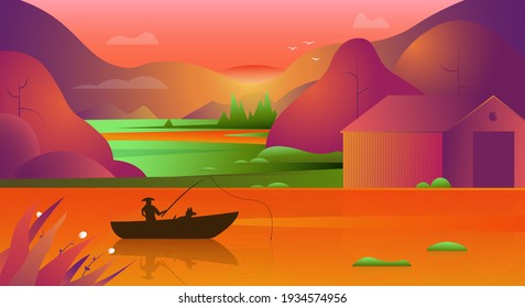 Antecedentes asiáticos de paisaje con ríos, campos de arroz y montañas. El pescador asiático de sombrero de arroz cónico al amanecer o al atardecer. Ilustración vectorial degradada del pescador en el lago en asia.