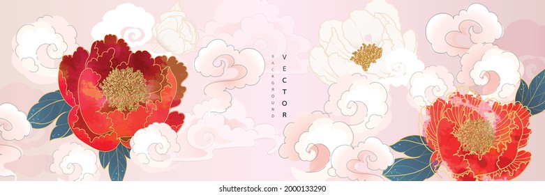 Fondo asiático, diseño de fondo abstracto de estilo oriental chino y japonés con flores de peonía decorada en color agua