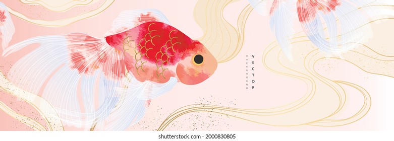 Fondo asiático, diseño de fondo abstracto de estilo oriental chino y japonés con peces dorados decorados en color agua