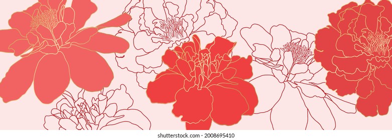 Fondo asiático, diseño de fondo abstracto de estilo oriental chino y japonés con flor roja y dorada decorada en color agua