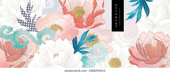 Asian background ,Oriental Chinese and Japanese style abstract pattern background design  with Peony flower decorate in water color texture