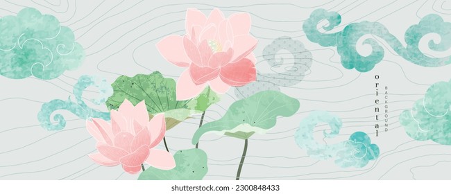 Fondo asiático, diseño de fondo abstracto de estilo oriental chino y japonés con flor de loto decorada en color agua