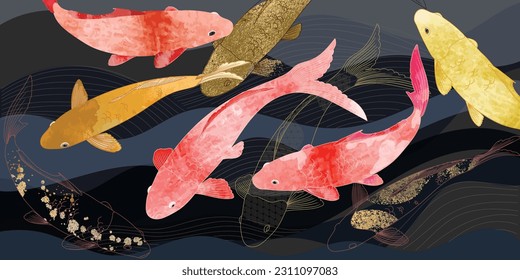 Fondo asiático, diseño de fondo abstracto de estilo oriental chino y japonés con peces koi decorados en color agua