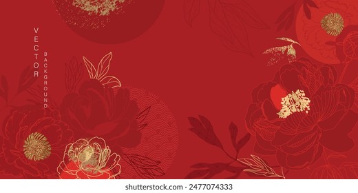 Asiatischer Hintergrund, orientalischer chinesischer und japanischer Stil abstrakte Muster Hintergrund-Design mit roten Blumen dekorieren in Wasserfarben-Textur