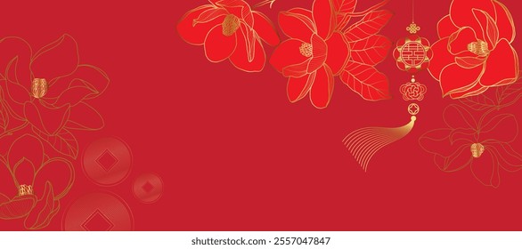 Asian background ,Oriental Chinese and Japanese style abstract pattern background design with red flower decorate in water color texture