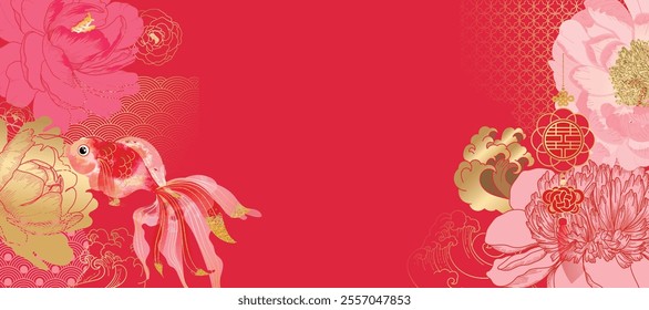 Asian background ,Oriental Chinese and Japanese style abstract pattern background design with red flower decorate in water color texture