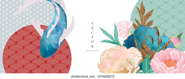 Asian Background ,Oriental Japanese Style Abstract Pattern Background Design  With Koi Fish Decorate In Water Color Texture