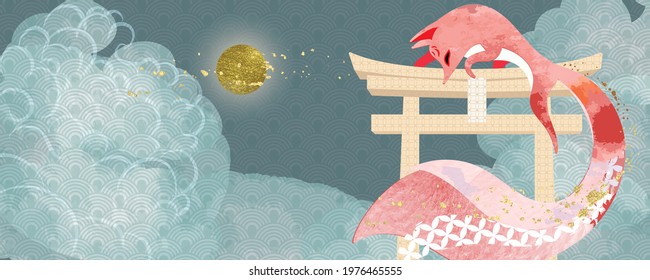 Asian background ,Oriental Japanese style abstract pattern background design  with fox  decorate in water color texture