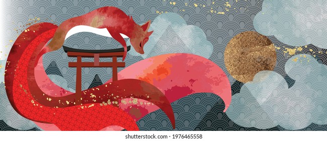 Asian background ,Oriental Japanese style abstract pattern background design  with fox  decorate in water color texture