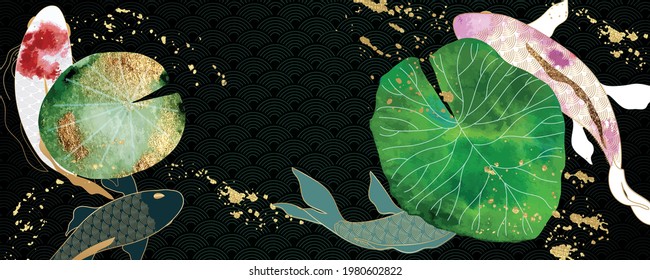 Fondo asiático, diseño de fondo abstracto de estilo japonés oriental con peces koi decorados en color agua