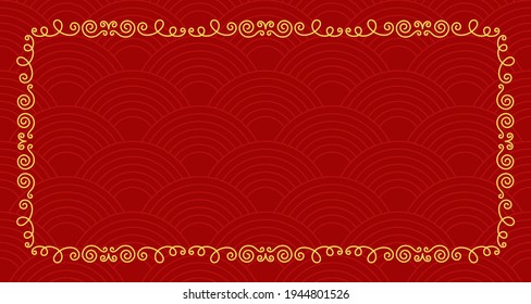 asiatischer Hintergrund mit Zierrahmen und -welle. Line Sketch. Goldene Linie.  Doodle-Illustration. Bearbeitbarer Pfad. Rotes Papier