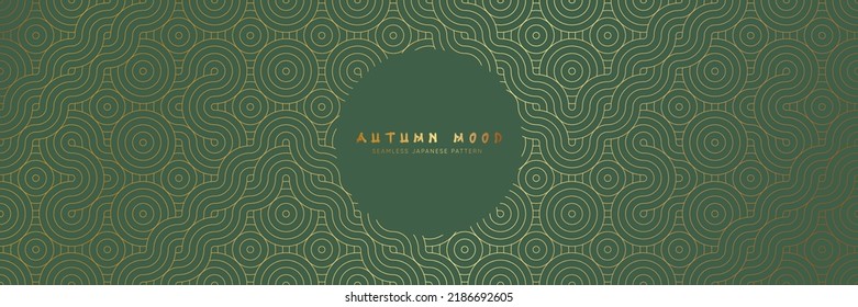 asian background pattern. Autumn oriental premium design. Green and gold abstract geometric wavy lines and curvy waves. Traditional japanese vintage ornament. Arkivvektor