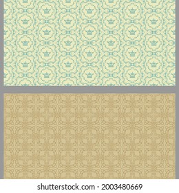 Asian background patterns with decorative elements. Set. Used colors: blue, brown, white, wallpaper. Seamless pattern, texture. Vector image