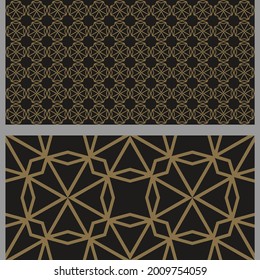 Asian background patterns with decorative elements. Set. Suitable for decorating book covers, posters, wallpapers, invitations, postcards. Seamless pattern, texture. Colors used: gold, black
