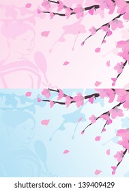 Asian background, sakura, cherry blossoms and sketch of Geisha