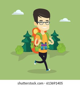 Mochilero asiático con mochila y binoculares caminando al aire libre. Jóvenes mochileros haciendo senderismo en el bosque durante el viaje. Feliz mochilero viajando en la naturaleza. Ilustración de diseño plana vectorial. Diseño cuadrado.