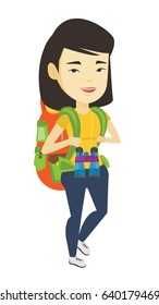 Mochilero asiático con mochila y binoculares caminando al aire libre. Jóvenes mochileros haciendo senderismo durante el verano. Feliz mochilero viajando. Ilustración de diseño plana vectorial aislada en fondo blanco.