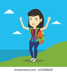 Asian backpacker standing on the cliff and celebrating success. Young happy backpacker with raised hands enjoying the scenery. Woman hiking in mountains. Vector flat design illustration. Square layout