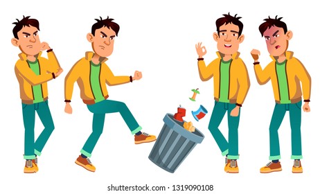 Asian Bad Boy Kid Poses Set Vector. High School Child. Life, Emotional, Pose. For Web, Brochure, Poster Design. Isolated Cartoon Illustration