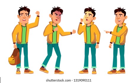 Asian Bad Boy Kid Poses Set Vector. High School Child. For Web, Poster, Booklet Design. Isolated Cartoon Illustration