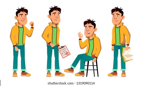 Asian Bad Boy Poses Set Vector. High School Child. Teenage. Beauty, Lifestyle, Friendly. For Postcard, Announcement, Cover Design. Isolated Cartoon Illustration