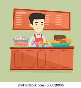 Asian bakery worker offering pastry. Smiling bakery worker standing behind the counter with cakes. Young smiling man working at the bakery. Vector flat design illustration. Square layout.