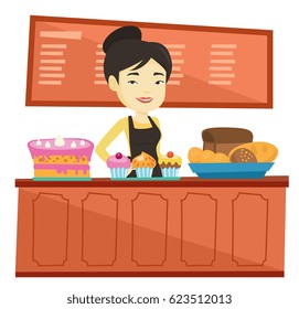 Asian bakery worker offering pastry. Smiling bakery worker standing behind the counter with cakes. Young woman working at the bakery. Vector flat design illustration isolated on white background.