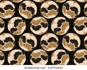 asian balls seamless tile with pine trees pattern in gold and black