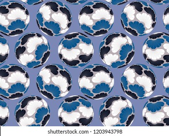asian balls seamless tile with pine trees pattern in blue black shades