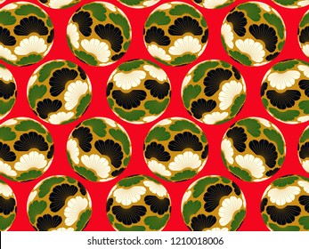 asian balls seamless tile with pine trees pattern in red green shades