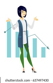 Asian bancrupt standing on the background of decreasing chart. Young bancrupt business woman with spread arms. Business bankruptcy concept. Vector flat design illustration isolated on white background