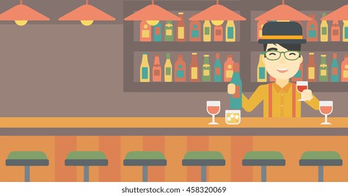An asian bartender standing at the bar counter. Bartender with a bottle and a glass in hands. Bartender at work. Vector flat design illustration. Horizontal layout.