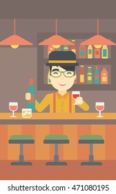 An asian bartender standing at the bar counter. Bartender with a bottle and a glass in hands. Bartender at work. Vector flat design illustration. Vertical layout.