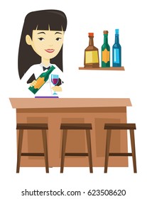 Asian bartender at work. Bartender standing at the bar counter. Bartender with bottle and glass in hands. Bartender pouring wine in glass. Vector flat design illustration isolated on white background.