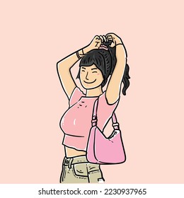 Asian beautiful woman tying her hair with pink background vector modern illustration line art