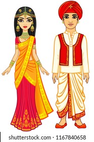 Asian beauty. Animation Indian family in traditional clothes. Young man and woman. Fairy tale characters. Full growth. Vector illustration isolated on a white background.