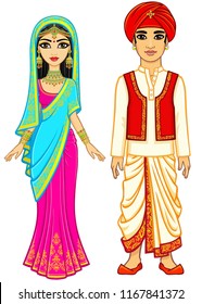 Asian beauty. Animation Indian family in traditional clothes. Young man and woman. Fairy tale characters. Full growth. Vector illustration isolated on a white background.