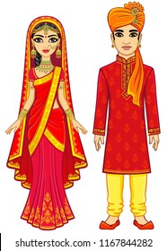 Asian beauty. Animation Indian family in traditional clothes. Young man and woman. Fairy tale characters, prince and princess. Full growth. Vector illustration isolated on a white background.