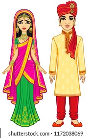 Asian beauty. Animation Indian family in traditional clothes. Young man and woman. Fairy tale characters, prince and princess. Full growth. Vector illustration isolated on a white background.