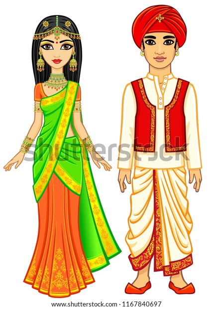 Asian beauty. Animation\
Indian family in traditional clothes. Young man and woman. Fairy\
tale characters. Full growth. Vector illustration isolated on a\
white background.
