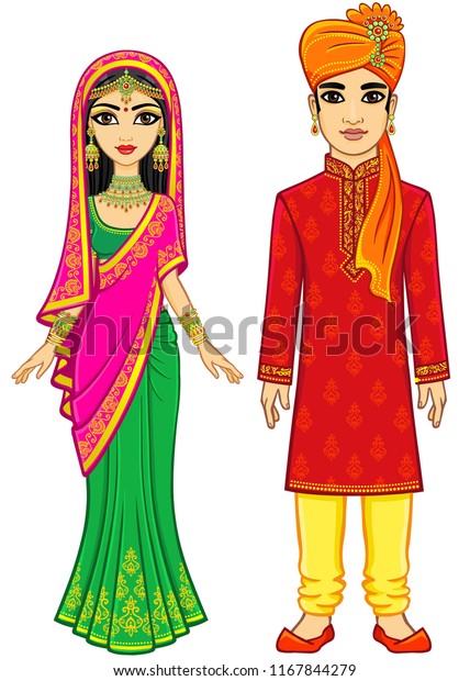 Asian Beauty Animation Indian Family Traditional Stock Vector (Royalty ...