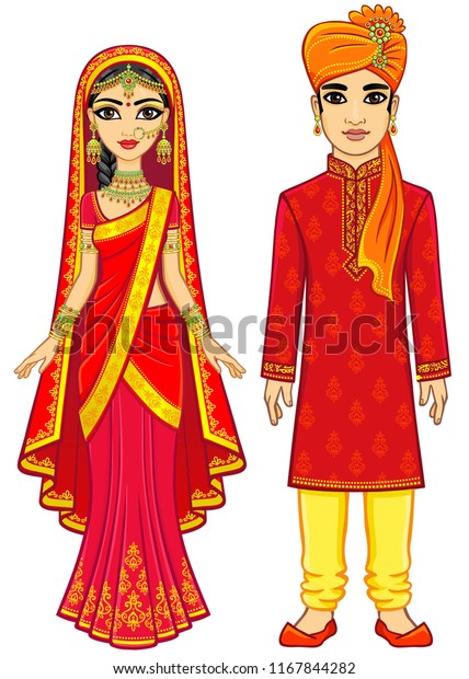 Asian Beauty Animation Indian Family Traditional Stock Vector (Royalty ...