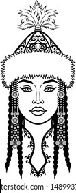 Asian beauty. Animation portrait of a beautiful girl in ancient national headdress. Central Asia. Vector illustration isolated on a white background. Print, poster, t-shirt, card.