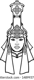 Asian beauty. Animation portrait of a beautiful girl in ancient national headdress. Vector illustration isolated on a white background. Print, poster, t-shirt, card.