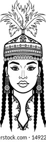 Asian beauty. Animation portrait of a beautiful girl in ancient national headdress and jewelry. Central Asia. Vector illustration isolated on a white background. Print, poster, t-shirt, card.